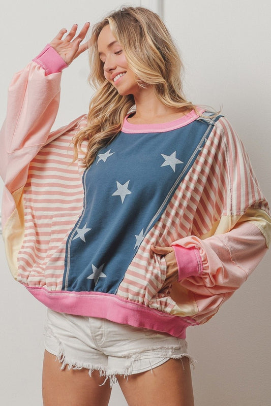 BiBi Stars and Stripes Round Neck Long Sleeve Top - Trendy AF