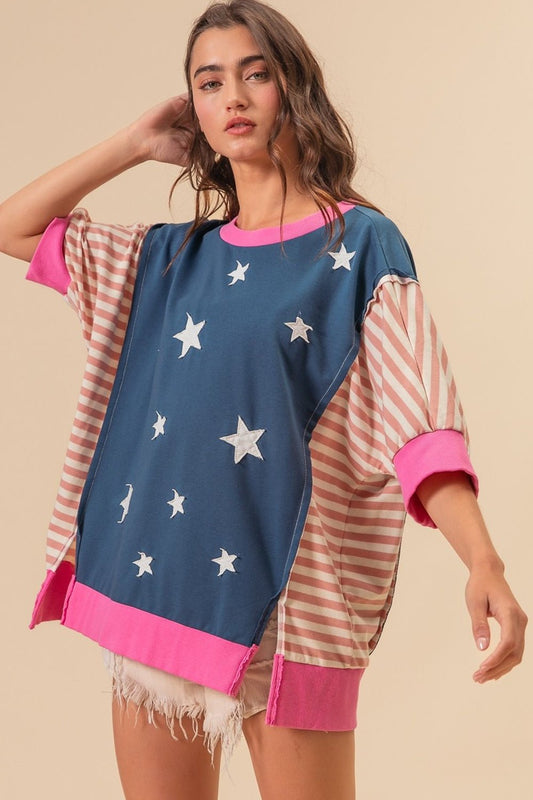 BiBi US Flag Theme Color Block Star Patch T-Shirt - Trendy AF