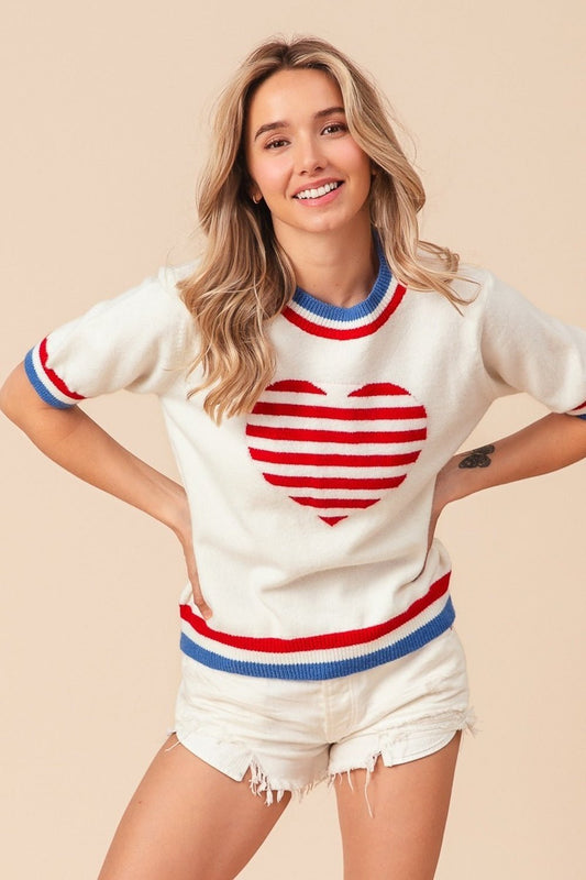 BiBi US Flag Theme Striped Heart Sweater - Trendy AF