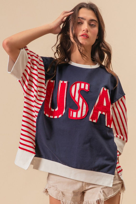 BiBi USA Letter Patchwork Contrast Short Sleeve T-Shirt - Trendy AF