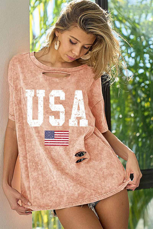 BiBi Washed American Flag Graphic Distressed T-Shirt - Trendy AF