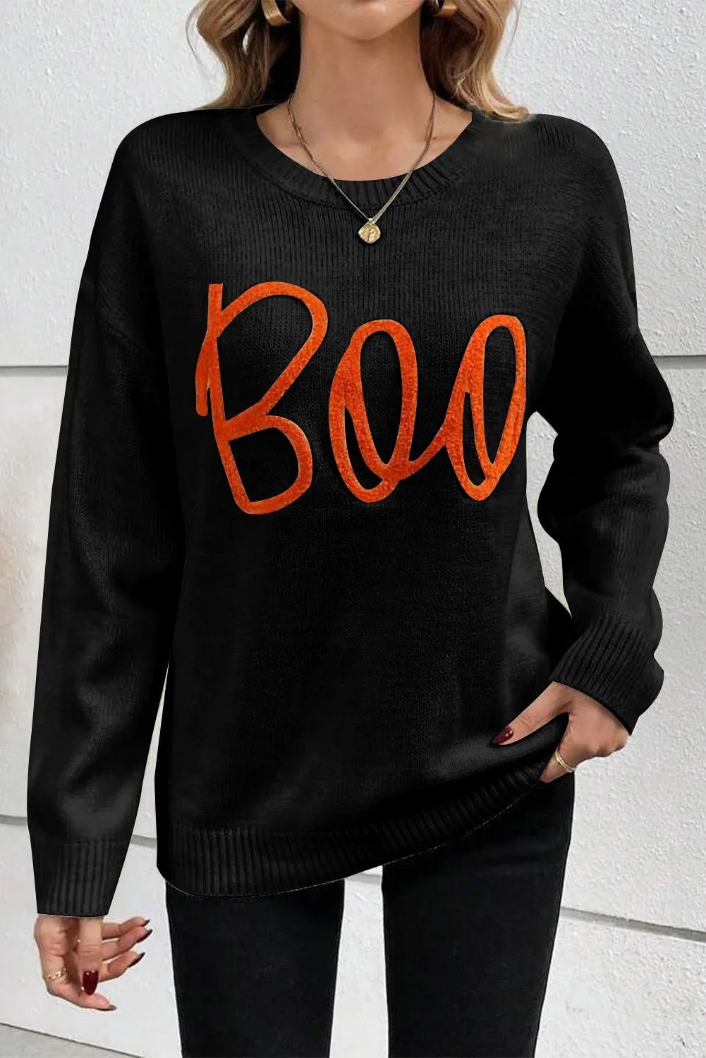 BOO Round Neck Long Sleeve Sweater - Trendy AF