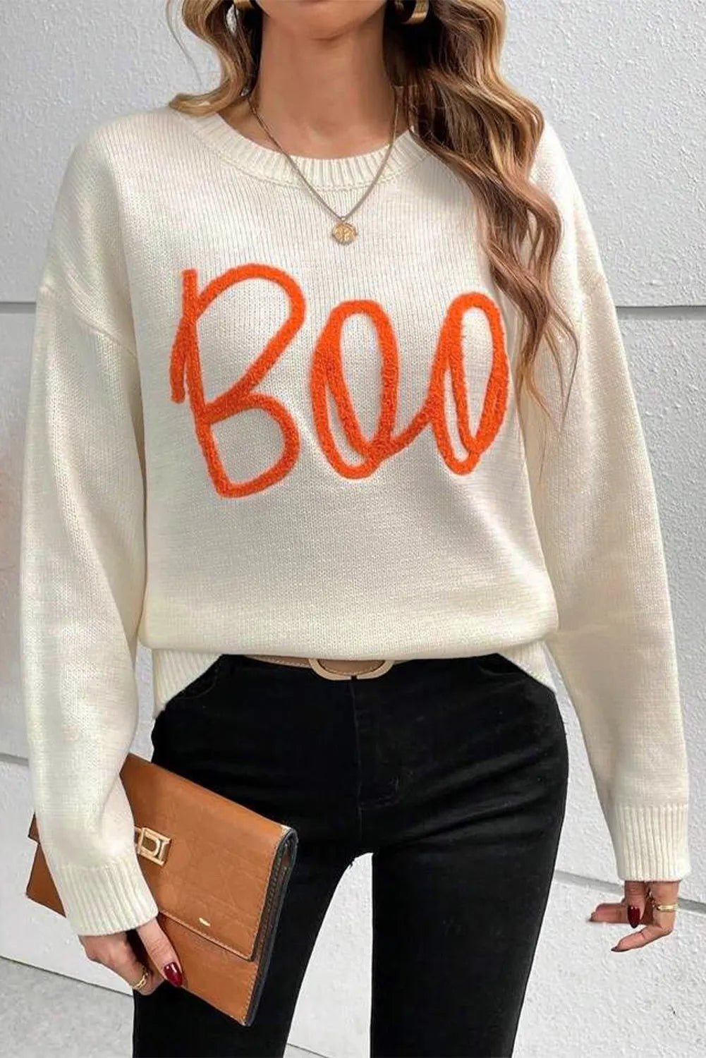 BOO Round Neck Long Sleeve Sweater - Trendy AF