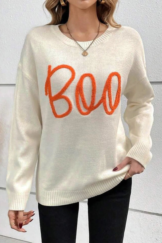 BOO Round Neck Long Sleeve Sweater - Trendy AF