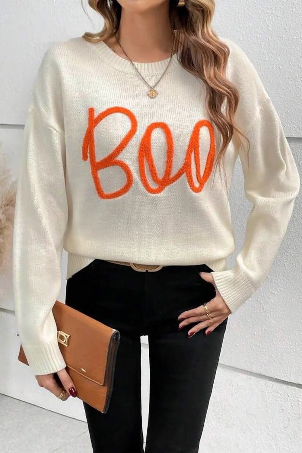 BOO Round Neck Long Sleeve Sweater - Trendy AF