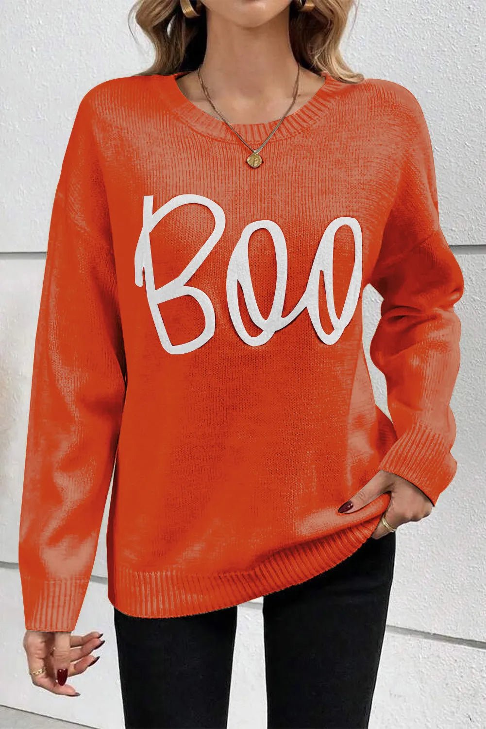 BOO Round Neck Long Sleeve Sweater - Trendy AF