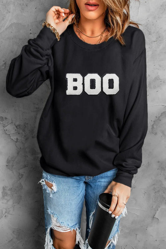 BOO Round Neck Long Sleeve Sweatshirt - Trendy AF