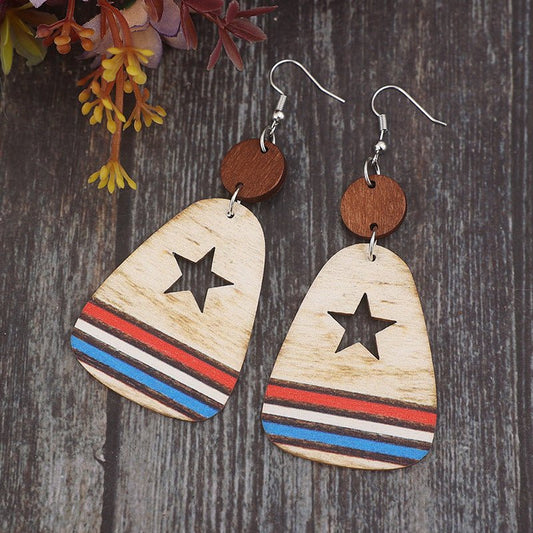 Cutout Star & Stripes Wooden Dangle Earrings - Trendy AF