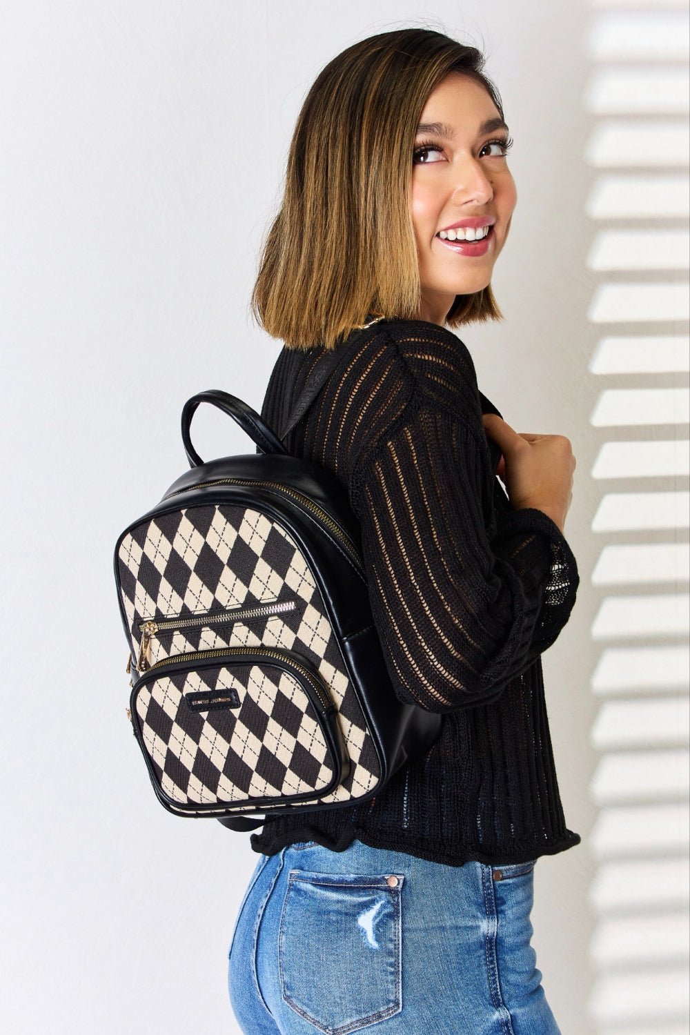 David Jones Argyle Pattern PU Leather Backpack - Trendy AF