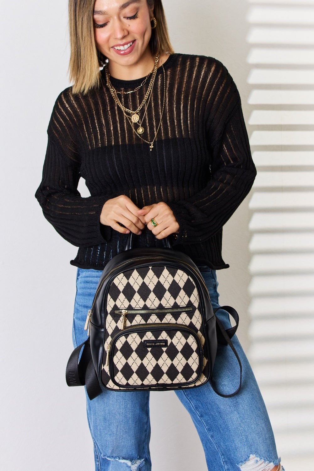 David Jones Argyle Pattern PU Leather Backpack - Trendy AF