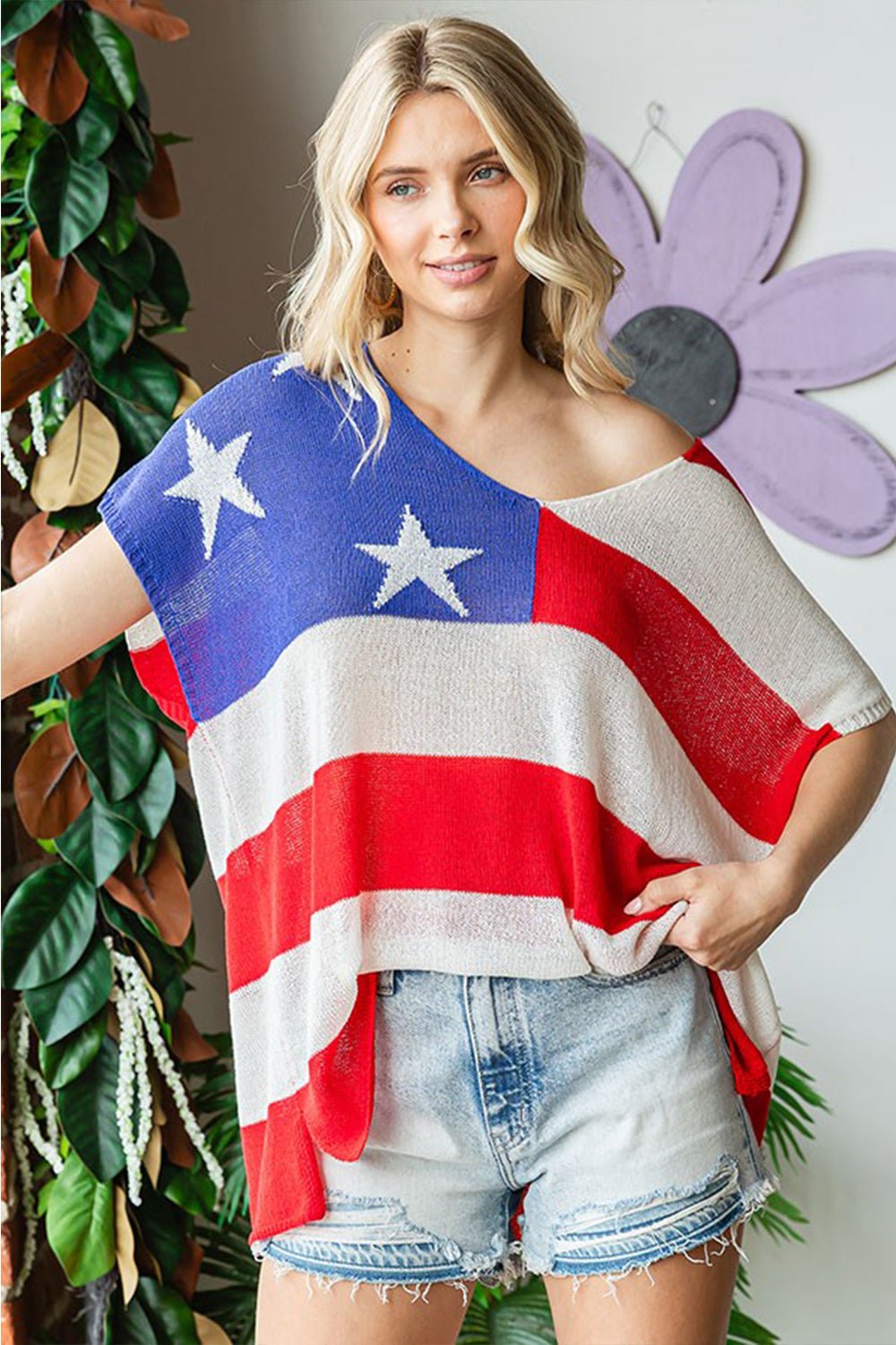 First Love Full Size USA Flag Drop Shoulder Knit Top - Trendy AF