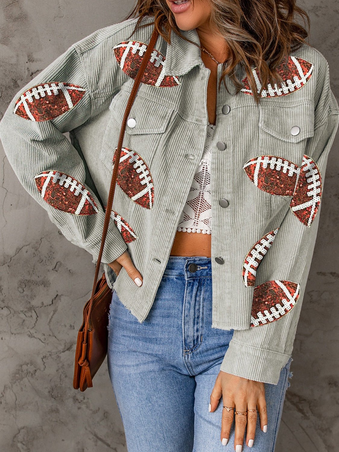 Football Sequin Button Up Dropped Shoulder Jacket - Trendy AF