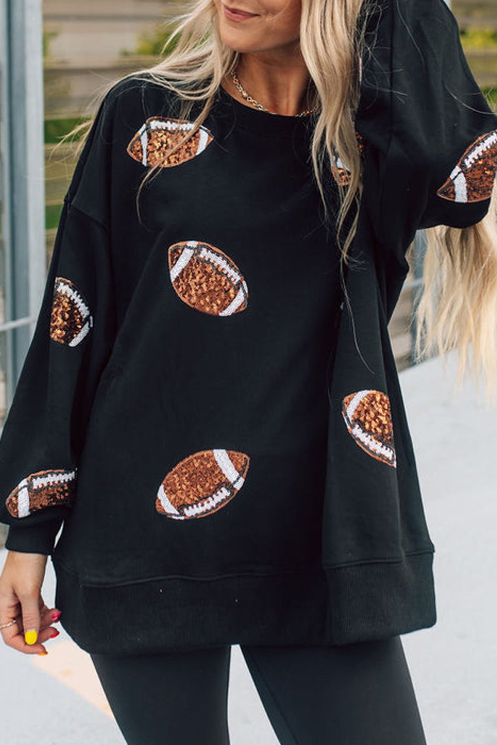 Football Sequin Patch Long Sleeve Sweatshirt - Trendy AF