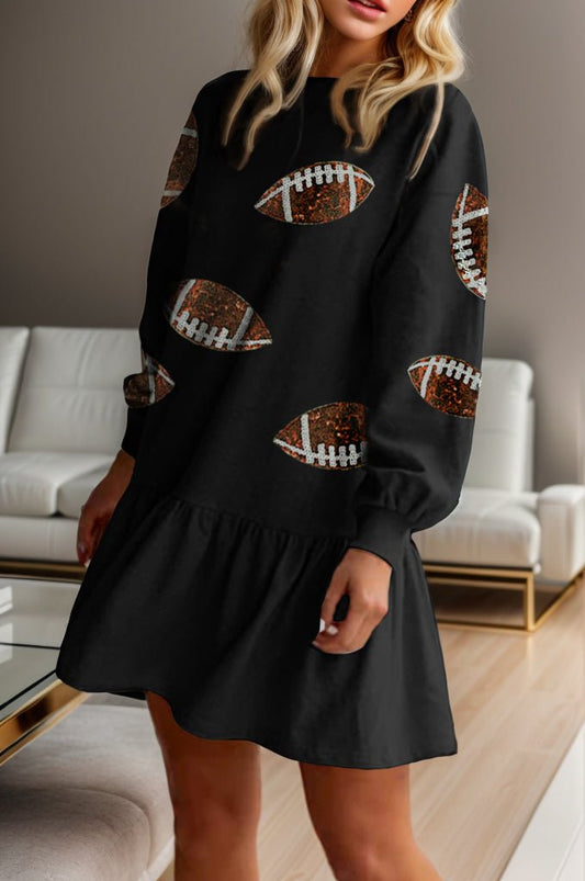 Football Sequin Round Neck Dropped Shoulder Mini Dress - Trendy AF