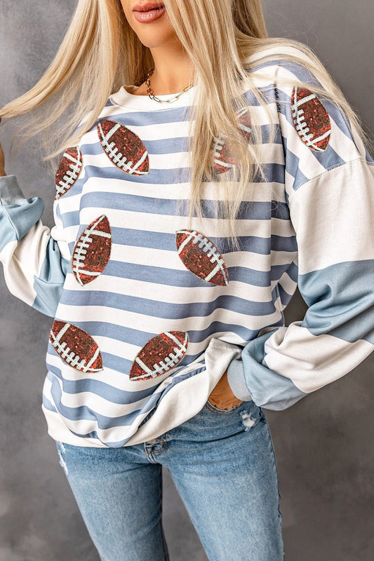 Football Striped Round Neck Long Sleeve Sweatshirt - Trendy AF