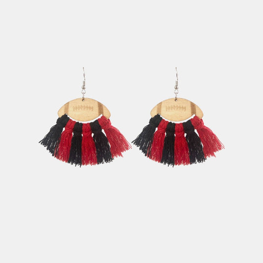 Fringe Detail Football Shape Wooden Dangle Earrings - Trendy AF