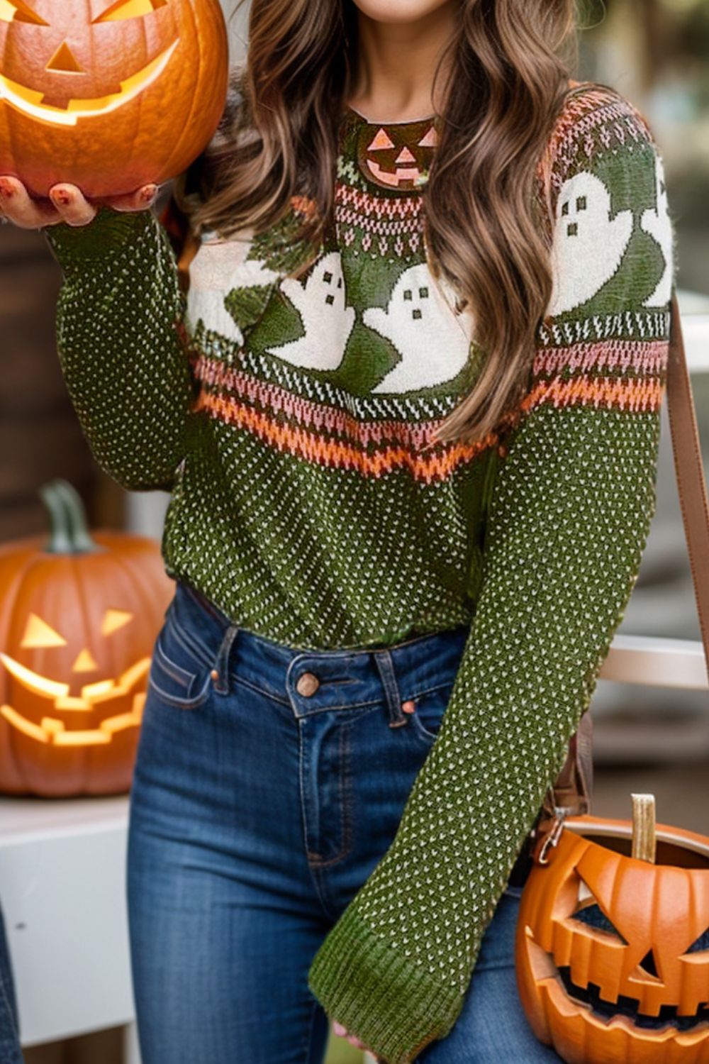 Ghost Round Neck Long Sleeve Sweater - Trendy AF