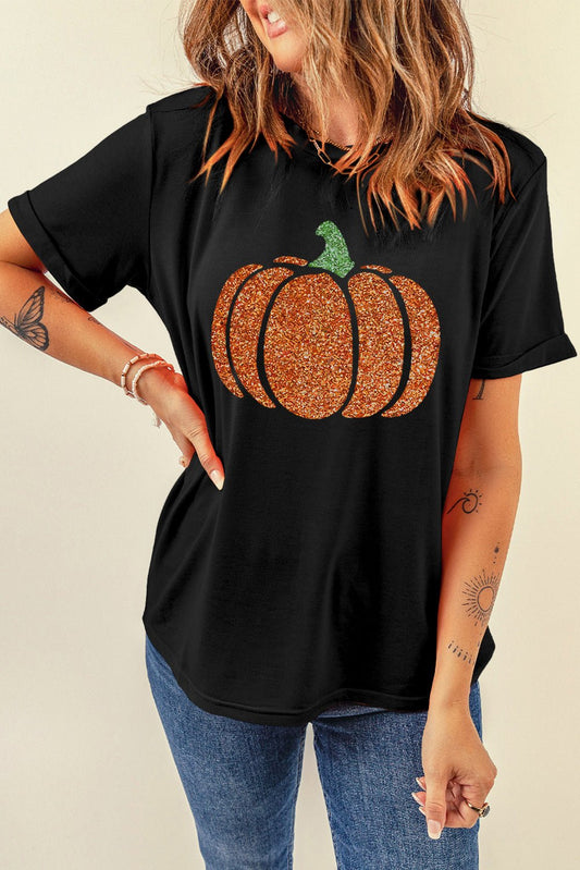 Glitter Pumpkin Round Neck Short Sleeve T-Shirt - Trendy AF