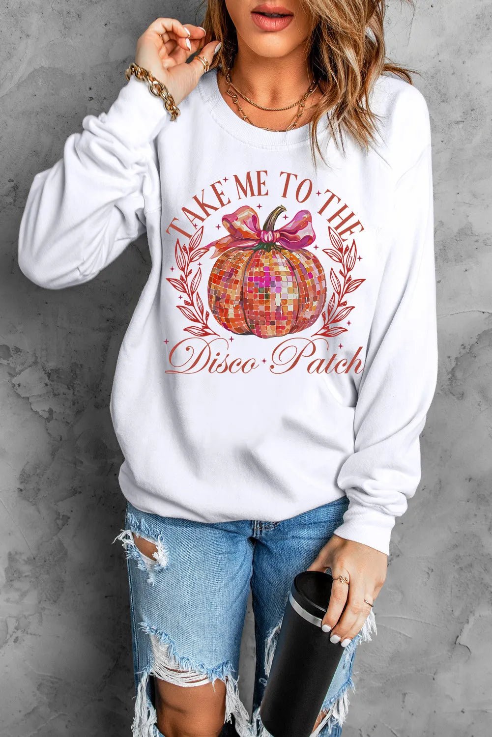 Graphic Round Neck Long Sleeve Sweatshirt - Trendy AF