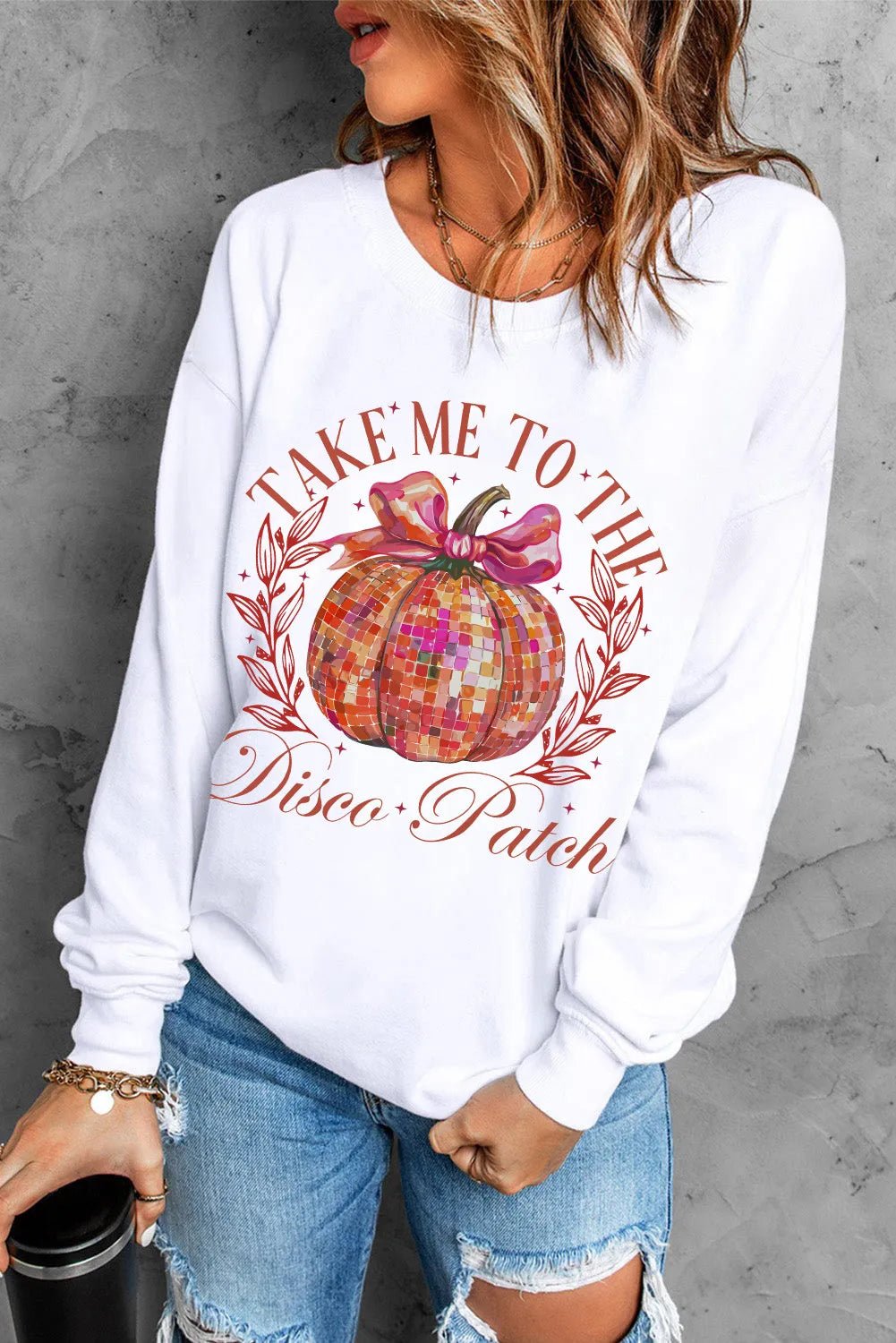 Graphic Round Neck Long Sleeve Sweatshirt - Trendy AF