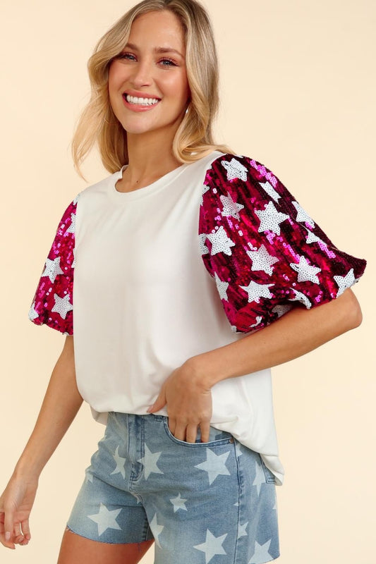 Haptics Star Sequin Bubble Short Sleeve Top - Trendy AF