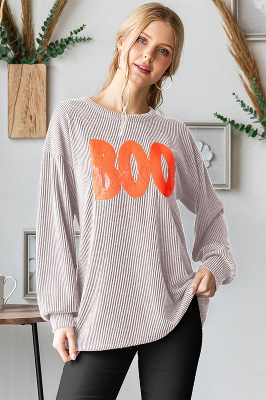 Heimish BOO Round Neck Long Sleeve Ribbed T-Shirt - Trendy AF