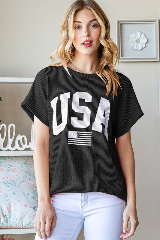 Heimish Full Size USA Graphic Short Sleeve Ribbed Top - Trendy AF