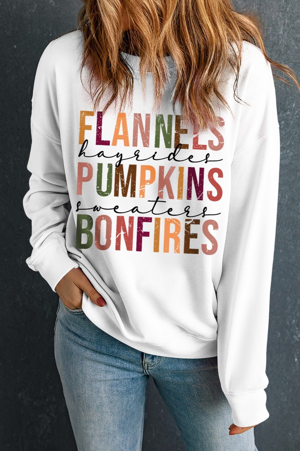 Letter Graphic Round Neck Long Sleeve Sweatshirt - Trendy AF