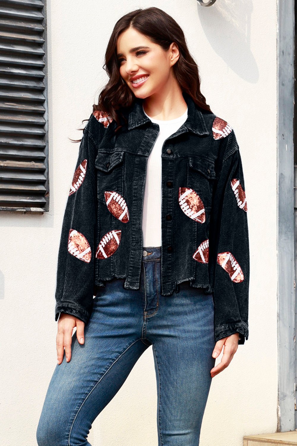 MeiMei Football Sequin Raw Hem Collared Neck Jacket - Trendy AF