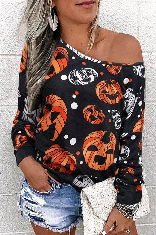 One Shoulder Jack - O' - Lantern Graphic Sweatshirt - Trendy AF