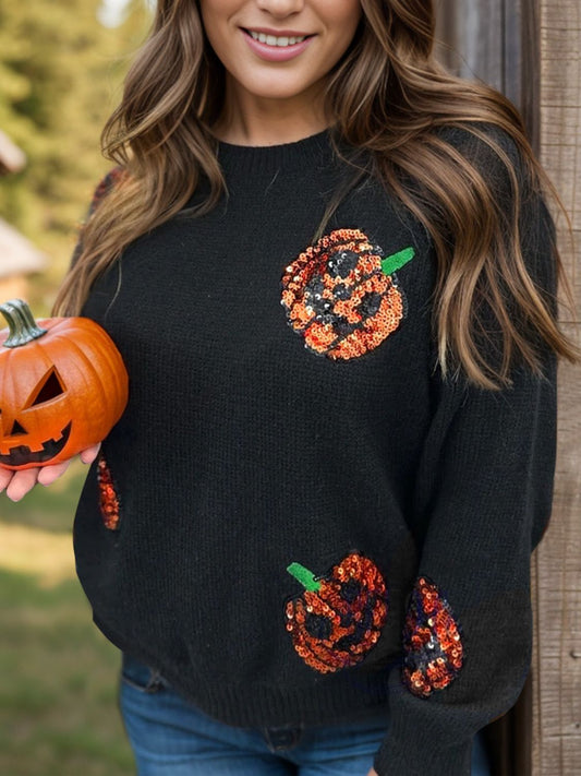 Plus Size Sequin Pumpkin Round Neck Sweater - Trendy AF