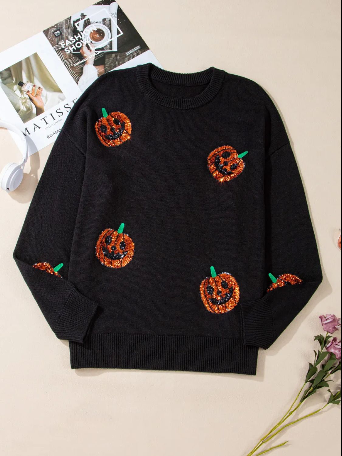 Plus Size Sequin Pumpkin Round Neck Sweater - Trendy AF