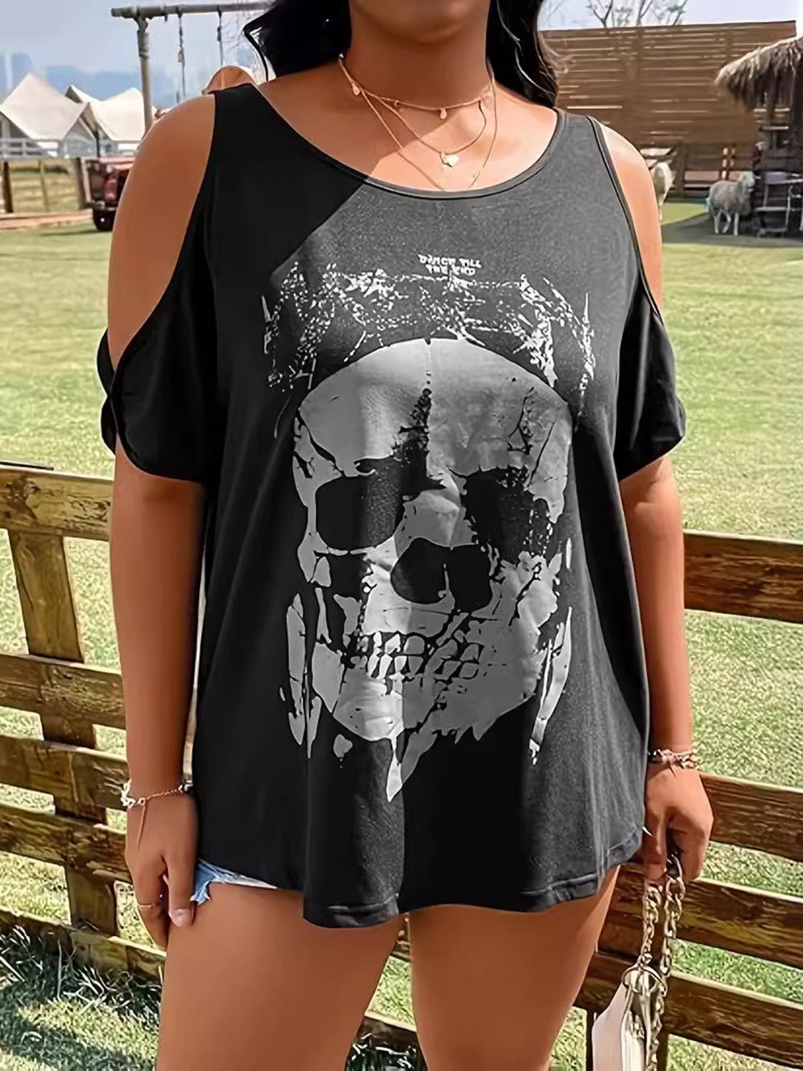 Plus Size Skeleton Graphic Round Neck Cold Shoulder T-Shirt - Trendy AF