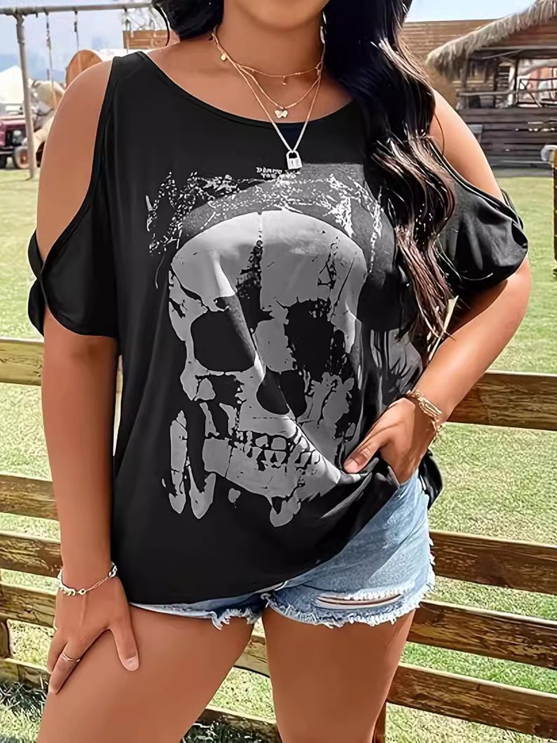 Plus Size Skeleton Graphic Round Neck Cold Shoulder T-Shirt - Trendy AF