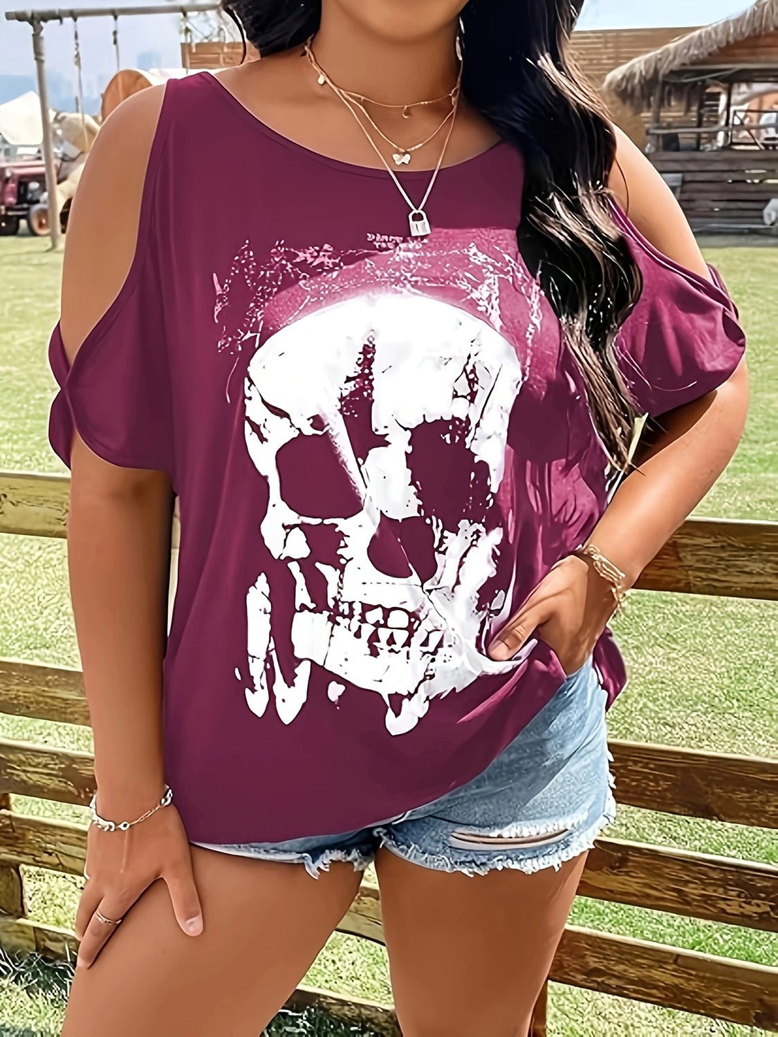 Plus Size Skeleton Graphic Round Neck Cold Shoulder T-Shirt - Trendy AF