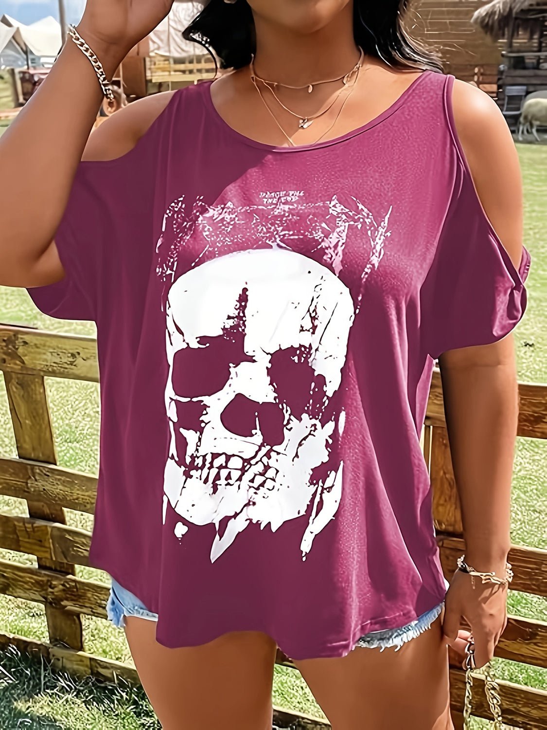 Plus Size Skeleton Graphic Round Neck Cold Shoulder T-Shirt - Trendy AF