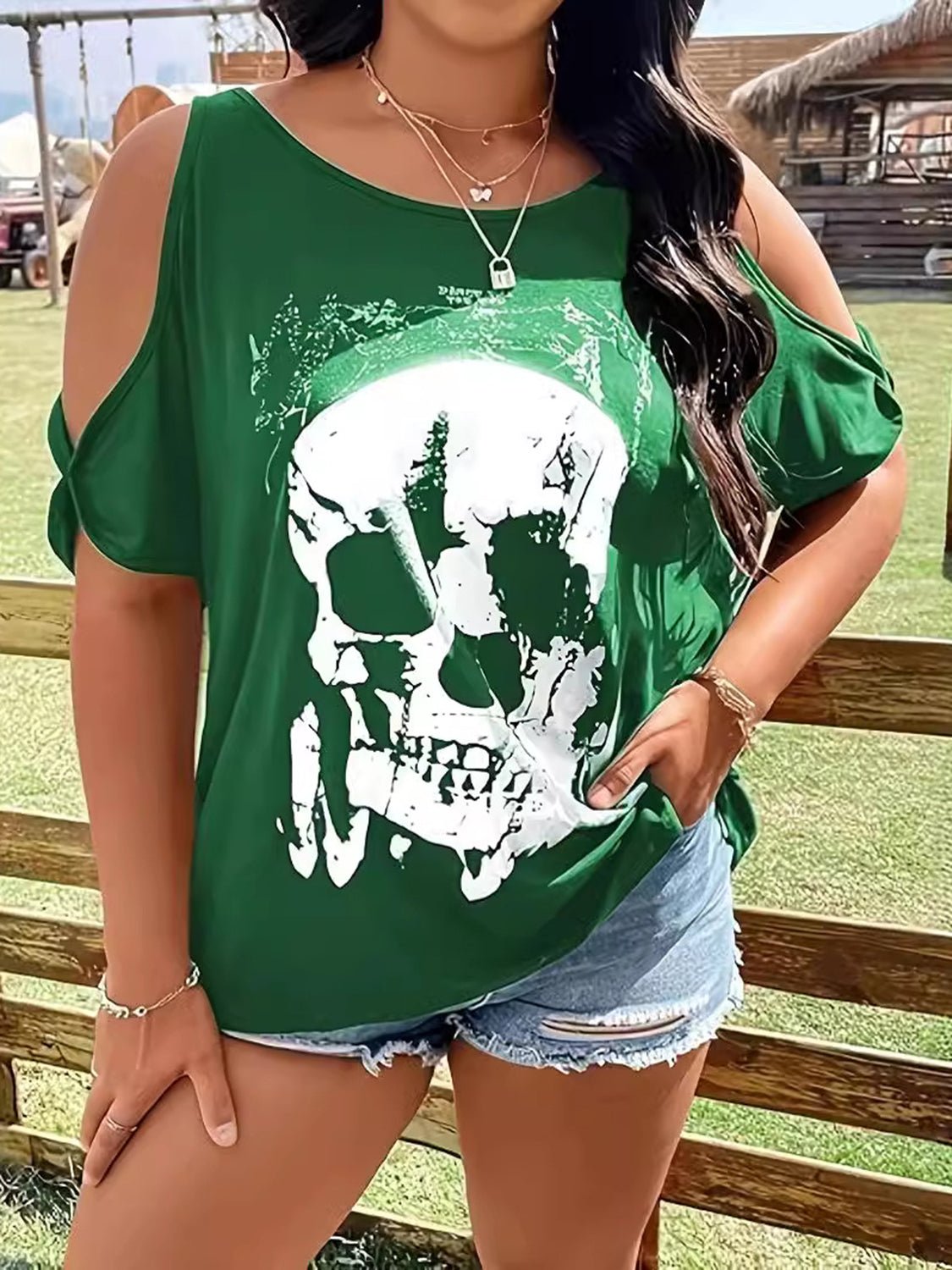 Plus Size Skeleton Graphic Round Neck Cold Shoulder T-Shirt - Trendy AF