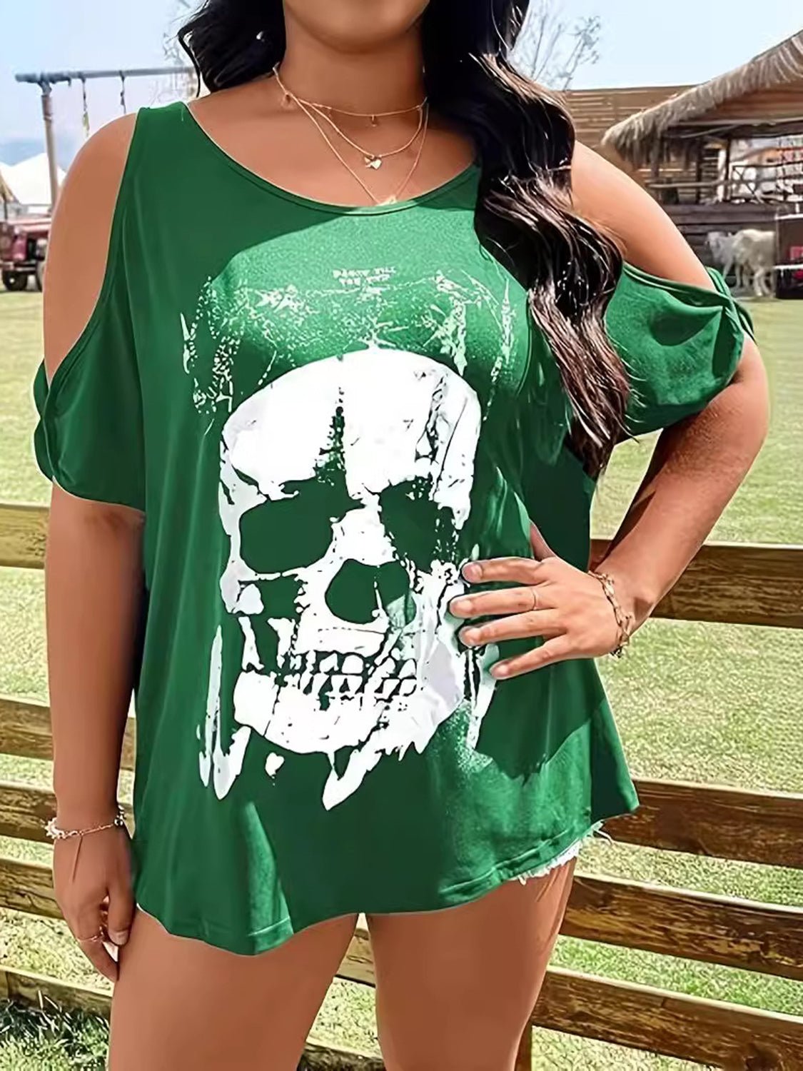 Plus Size Skeleton Graphic Round Neck Cold Shoulder T-Shirt - Trendy AF