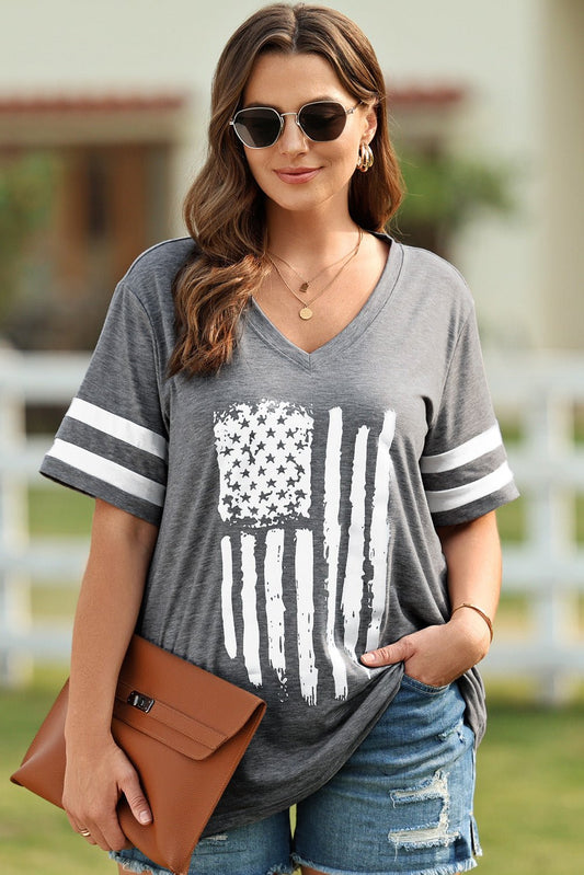 Plus Size US Flag Graphic V - Neck Tee - Trendy AF