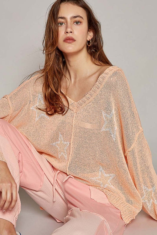 POL V - Neck Long Sleeve Star Print Knit Top - Trendy AF