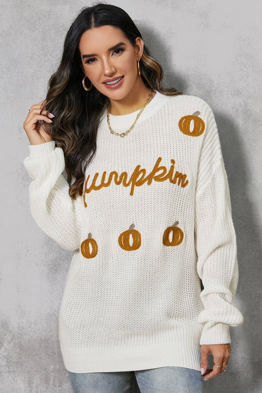 Pumpkin Embroidery Long Sleeve Sweater - Trendy AF