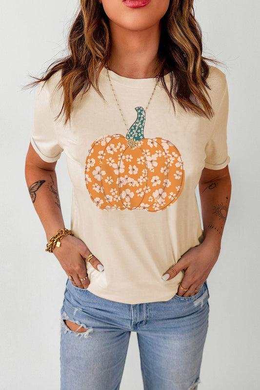 Pumpkin Graphic Round Neck Cuffed T-Shirt - Trendy AF