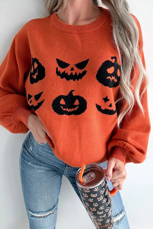 Pumpkin Pattern Round Neck Sweater - Trendy AF