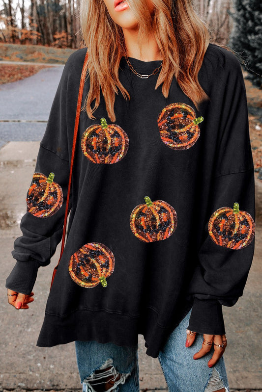 Pumpkin Print Dropped Shoulder Sweatshirt - Trendy AF