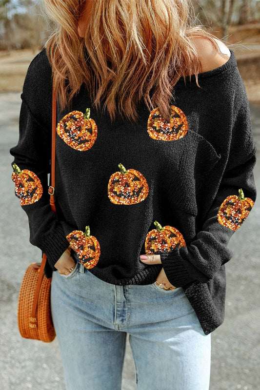 Pumpkin Round Neck Long Sleeve Knit Top - Trendy AF