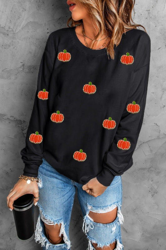 Pumpkin Round Neck Long Sleeve Sweatshirt - Trendy AF