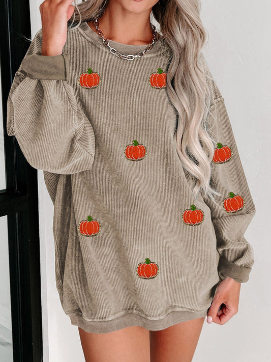 Pumpkin Round Neck Long Sleeve Sweatshirt - Trendy AF