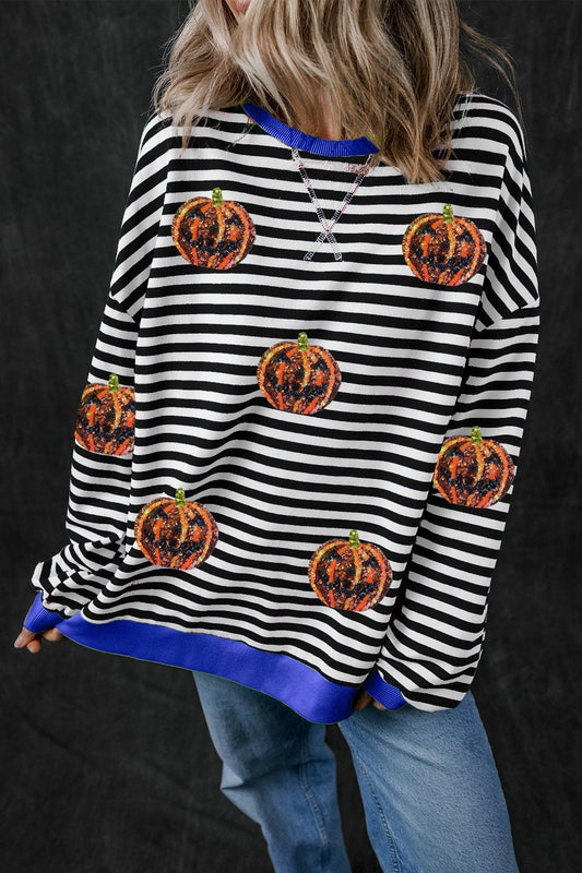 Pumpkin Striped Round Neck Long Sleeve Sweatshirt - Trendy AF