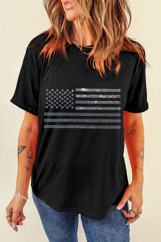 Rhinestone US Flag Round Neck Short Sleeve T-Shirt - Trendy AF