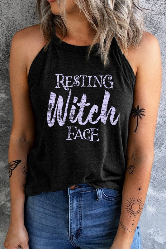 Round Neck RESTING WITCH FACE Graphic Tank Top - Trendy AF